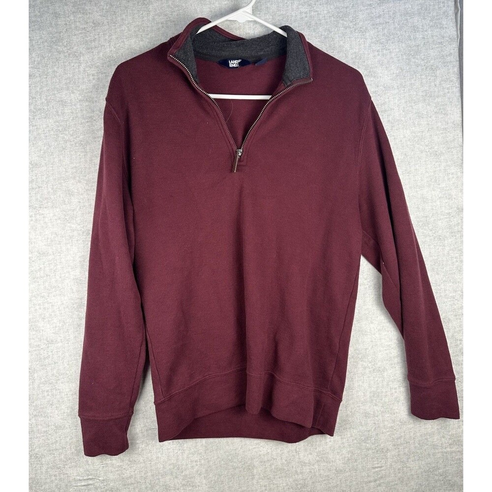 Lands' End 1/4 Zip Ribbed Long Sleeve Sweatshirt Cotton Blend Maroon Mens Small